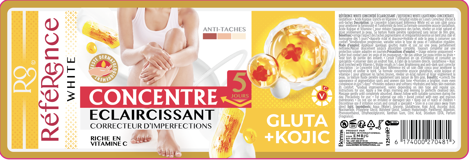 référence White Concentré Eclaircissant Correcteur d'imperfections GLUTA + KOJIC 125 millilitre – GTIN 6174000270535