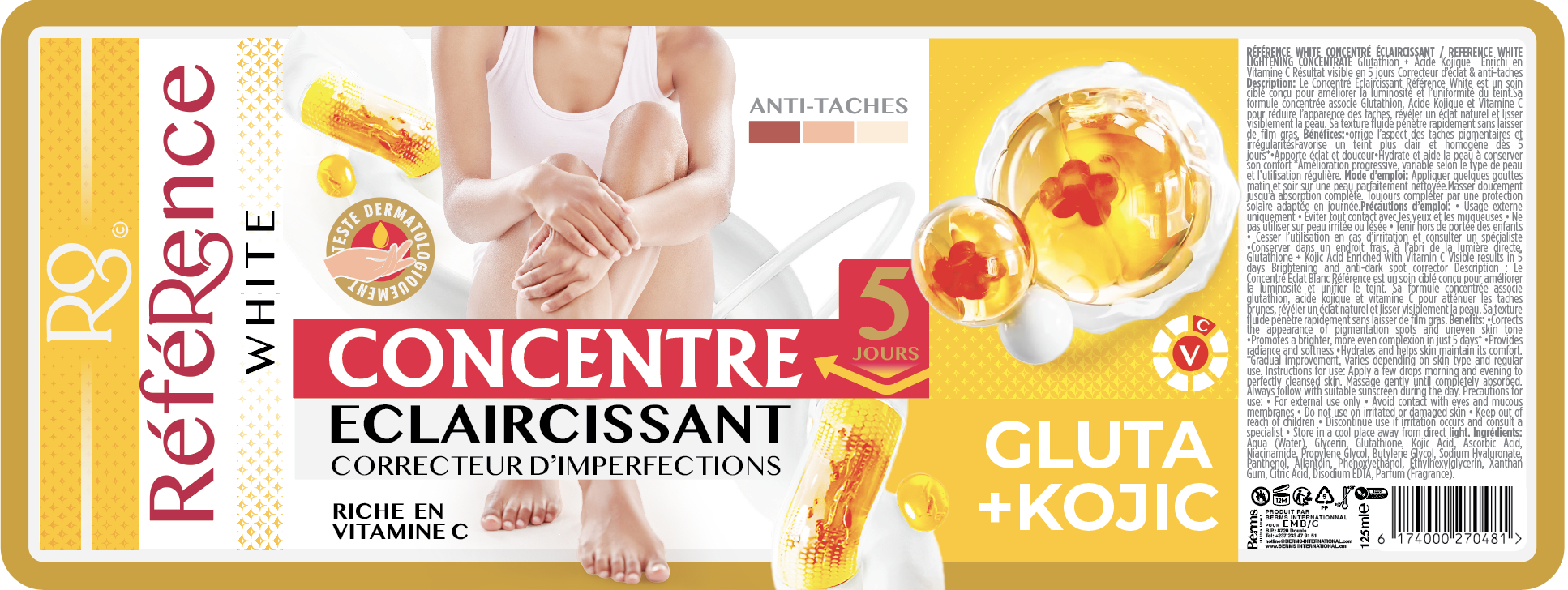 référence White Concentré Eclaircissant Correcteur d'imperfection Gluta + Kojic, vitamine C 60 millilitre – GTIN 6174000270542