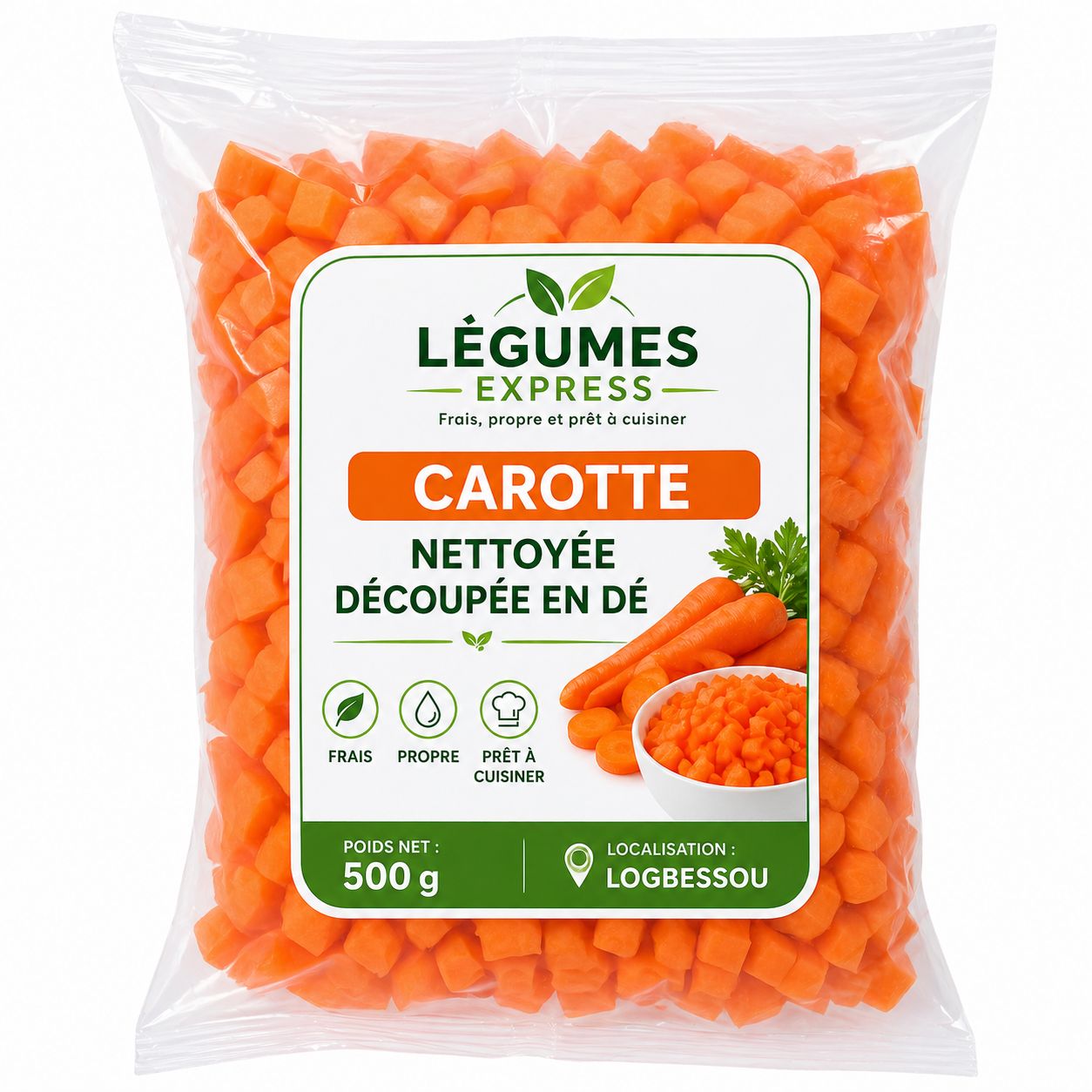 LEGUMES EXPRESS Carotte nettoyée découpée en dé 500 gram – GTIN 6174000353009