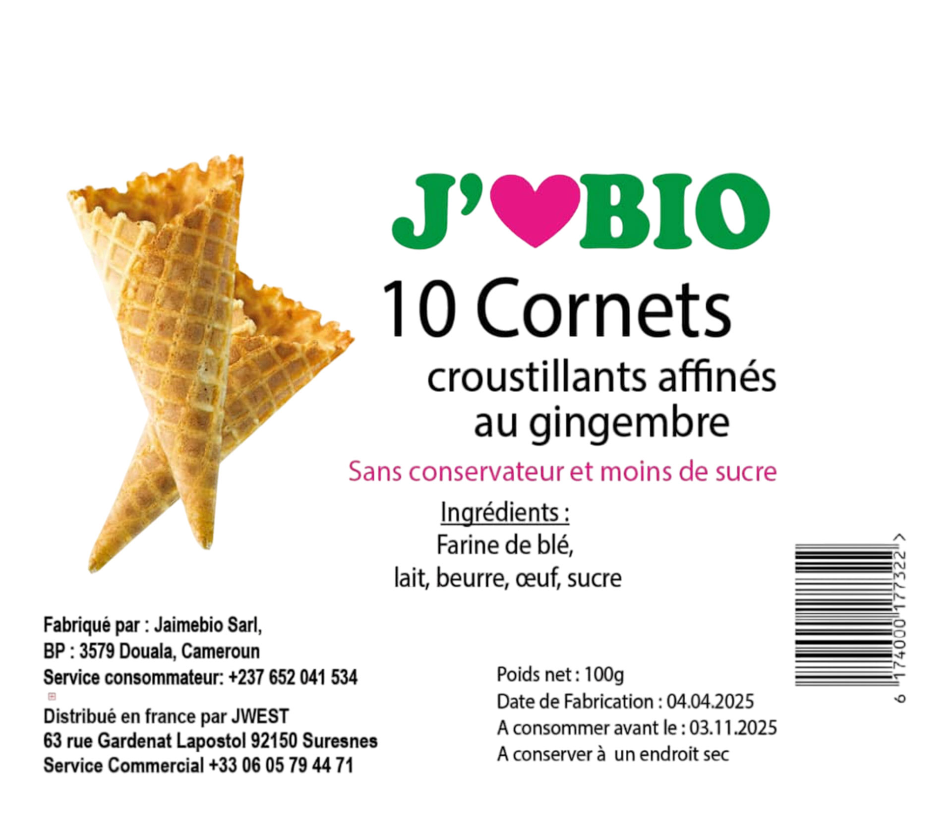 JAIMEBIO Lot de 10 cornets affinés aux gingembres 100 gram – GTIN 6174000177322