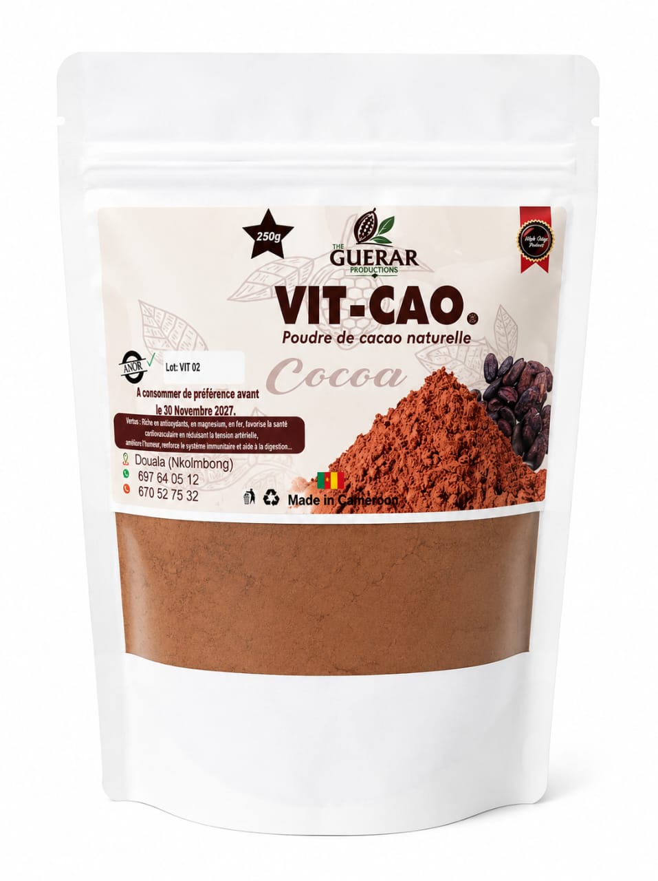 1) GUERAR PRODUCTIONS 2) Vit- Cao poudre de cacao naturelle 250 gram – GTIN 6176000181101