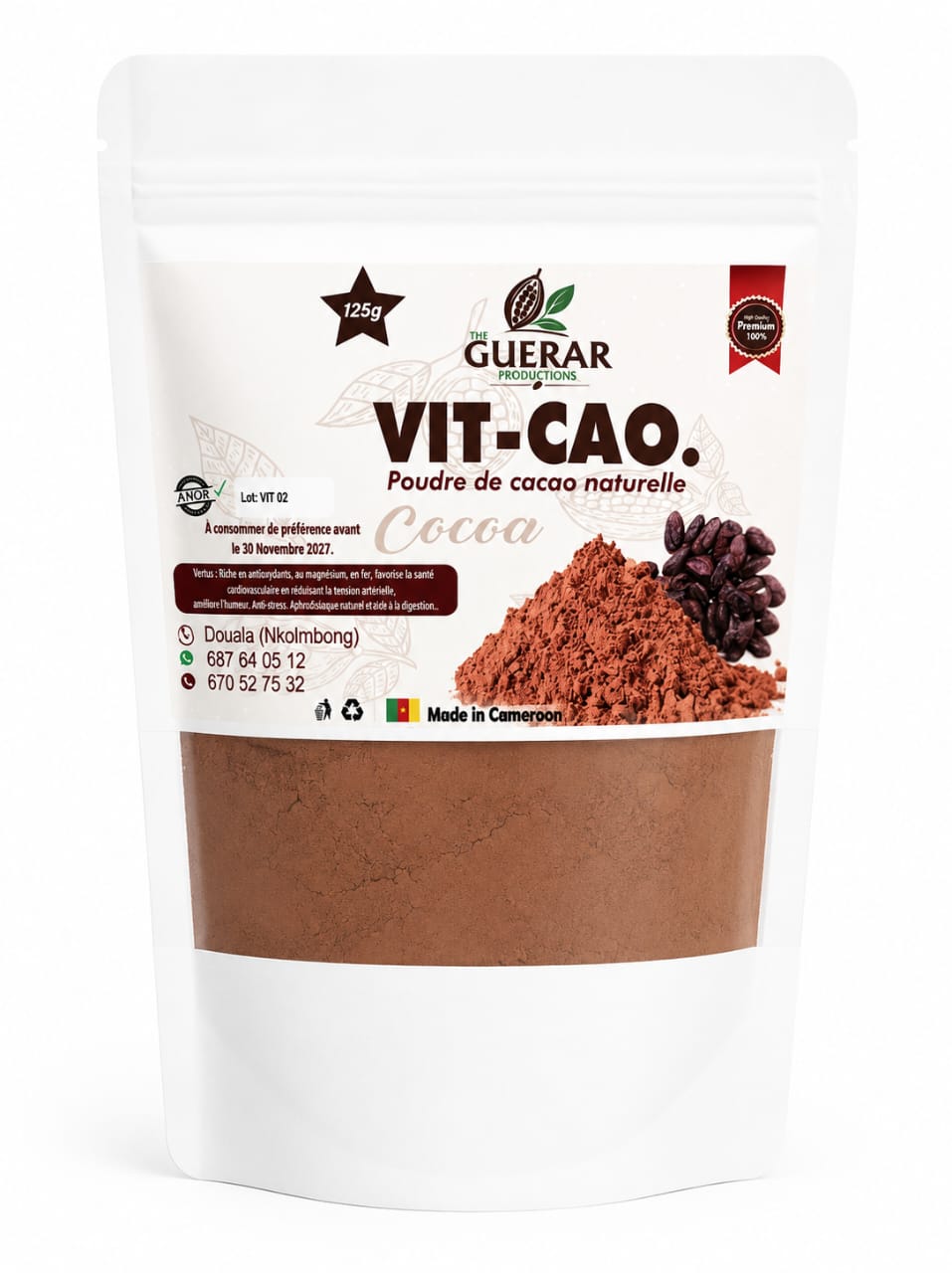 1) GUERAR PRODUCTIONS 2)Vit- Cao poudre de cacao naturelle 125 gram – GTIN 6176000181118
