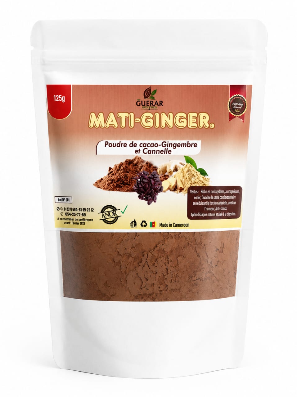 1) GUERAR PRODUCTIONS 2) Mati- Ginger poudre de cacao gingembre et cannelle 125 gram – GTIN 6176000181132
