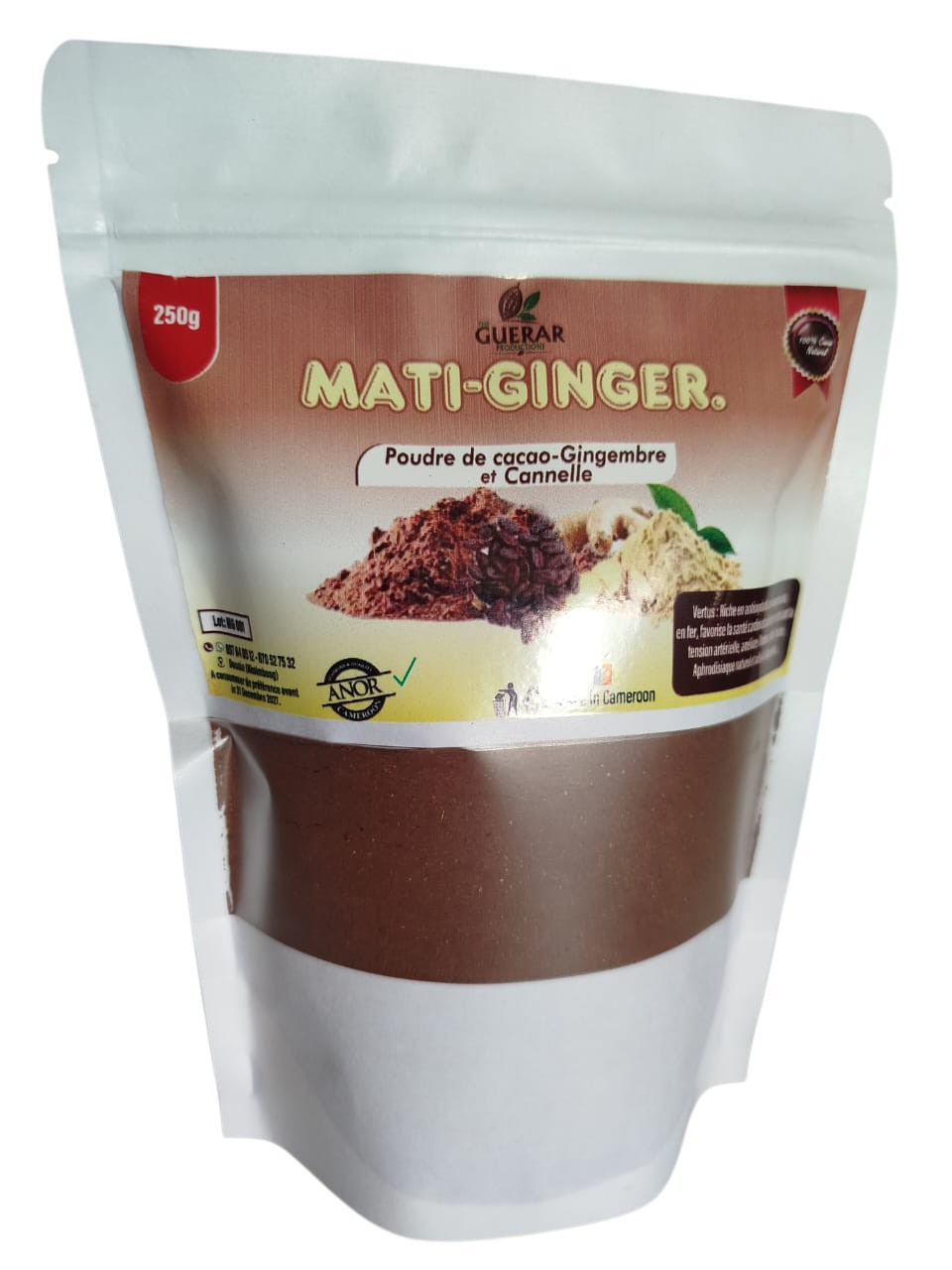 1) GUERAR PRODUCTIONS 2) Mati-Ginger poudre de cacao gingembre et cannelle 250 gram – GTIN 6176000181149