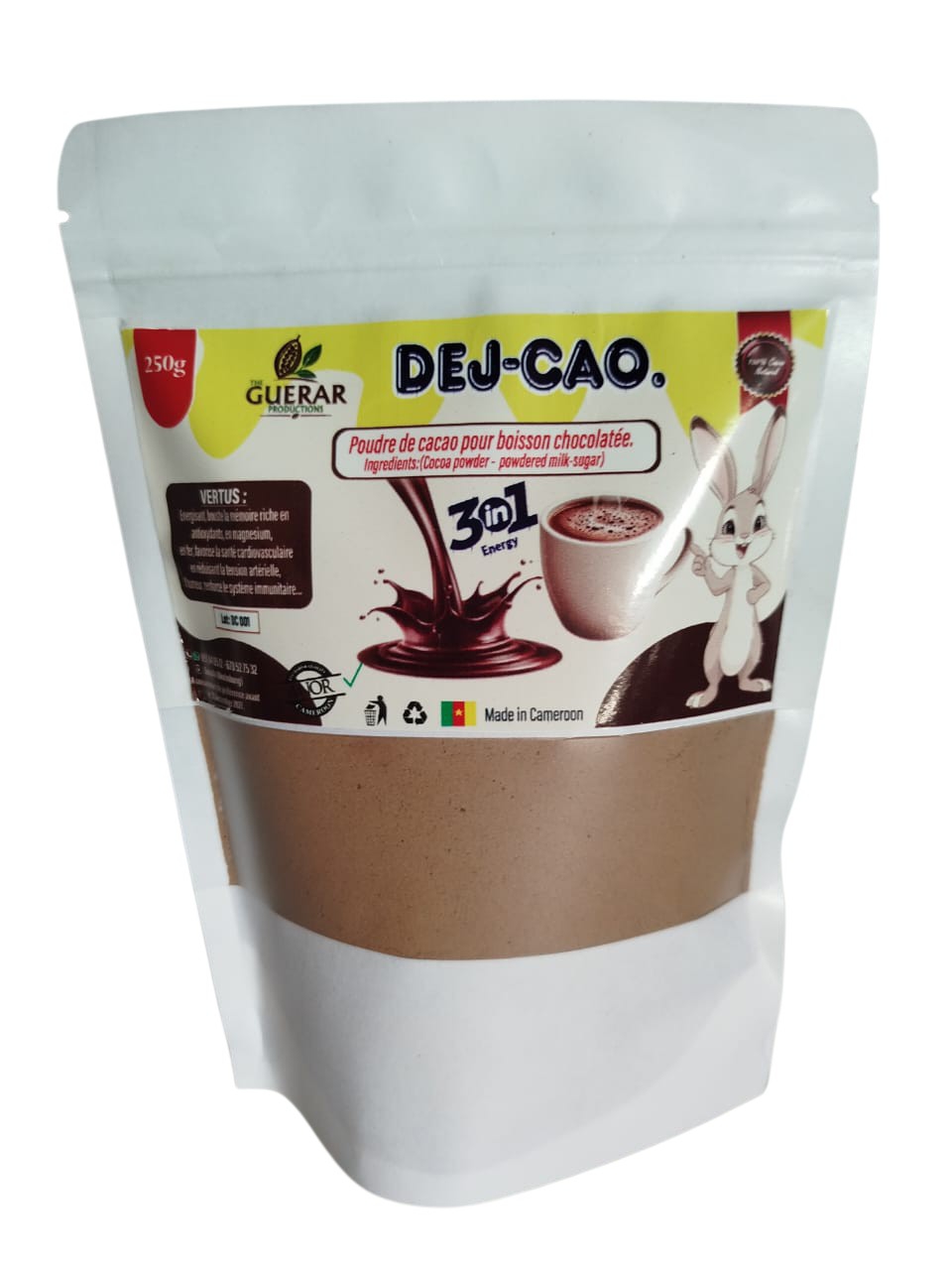 1) GUERAR PRODUCTIONS 2) Dej-Cao poudre de cacao pour boisson chocolatee 250 gram – GTIN 6176000181156