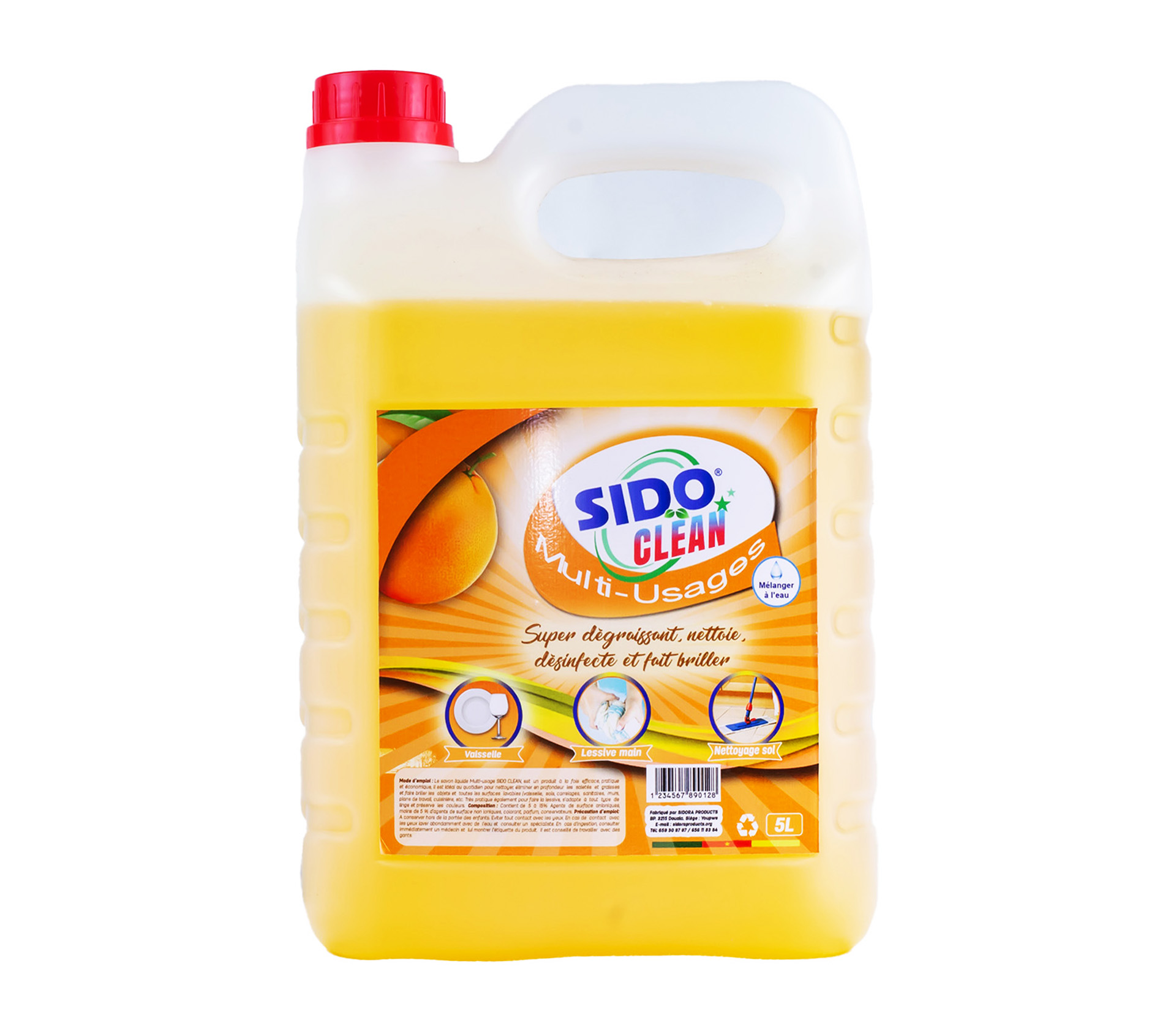 SIDORA LES ATELIERS Savon liquide Multi-Usages SIDO CLEAN Liquide vaiselle Orange 5 Litre – GTIN 6176000105756
